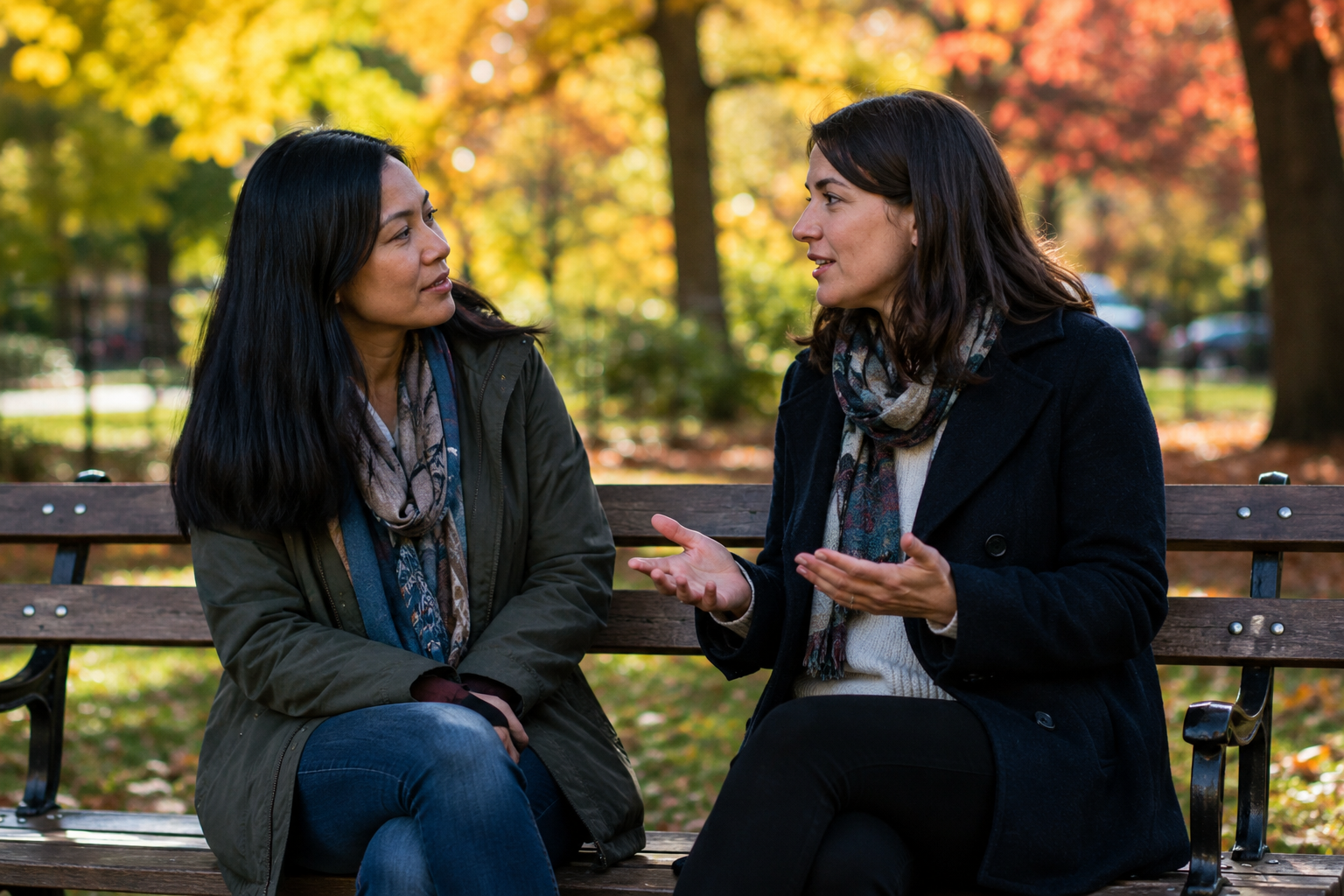 Two people discussing their friendship on a bench